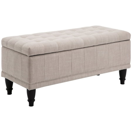 Storage Ottoman, Linen Fabric Button Tufted Storage Bench with Soft Close Lid for Living Room, Entryway or Bedroom, Beige