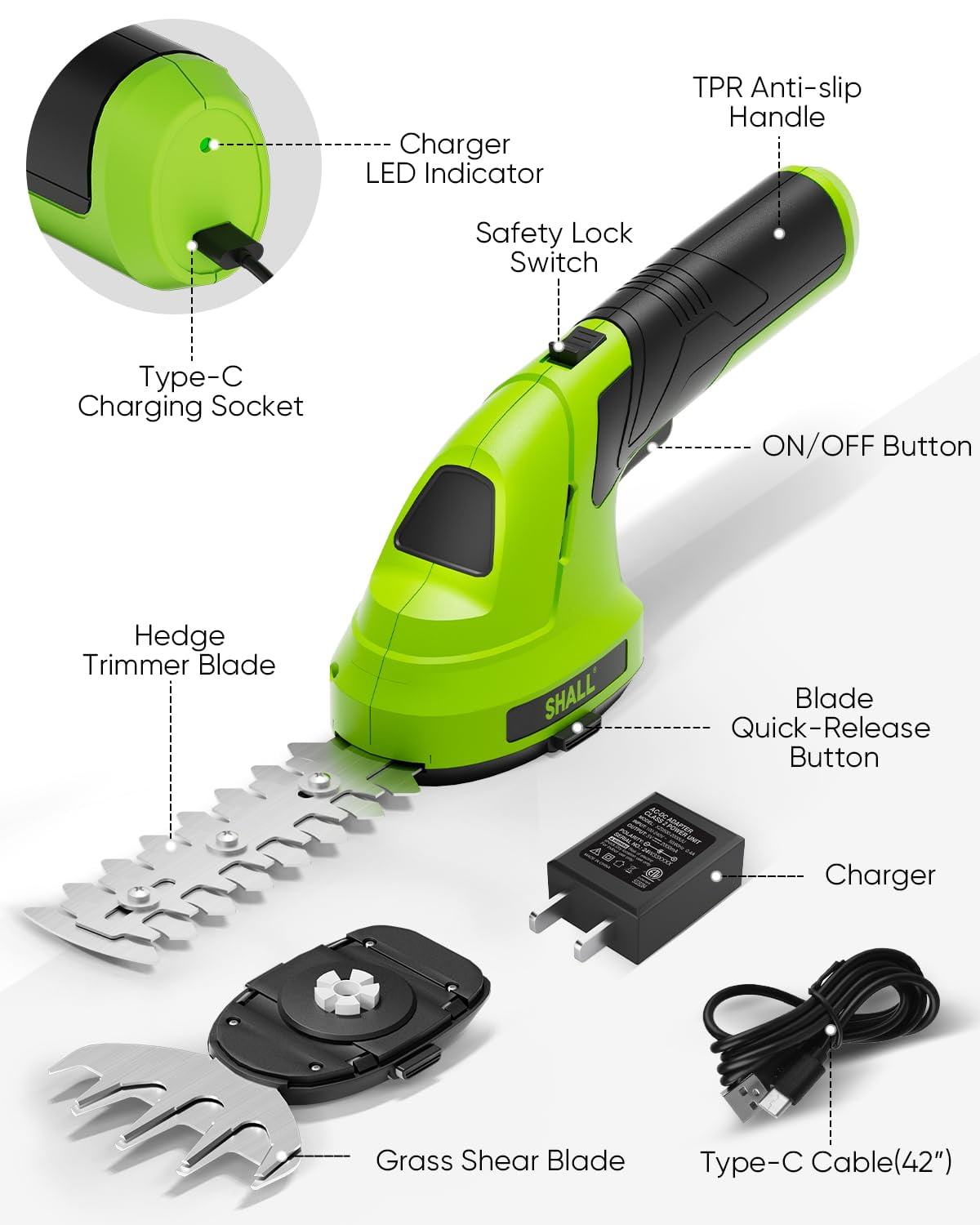 SHALL Hedge Trimmer Cordless & 7.2V Electric Grass Shear, 2 in 1 Handheld Hedge Clippers w/ 2.0Ah Rechargeable Battery & Type-C Fast Charger - Green