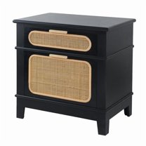 27 in. Dana 2 Rattan Drawers Pine Wood Bedside Table, Black & Brown