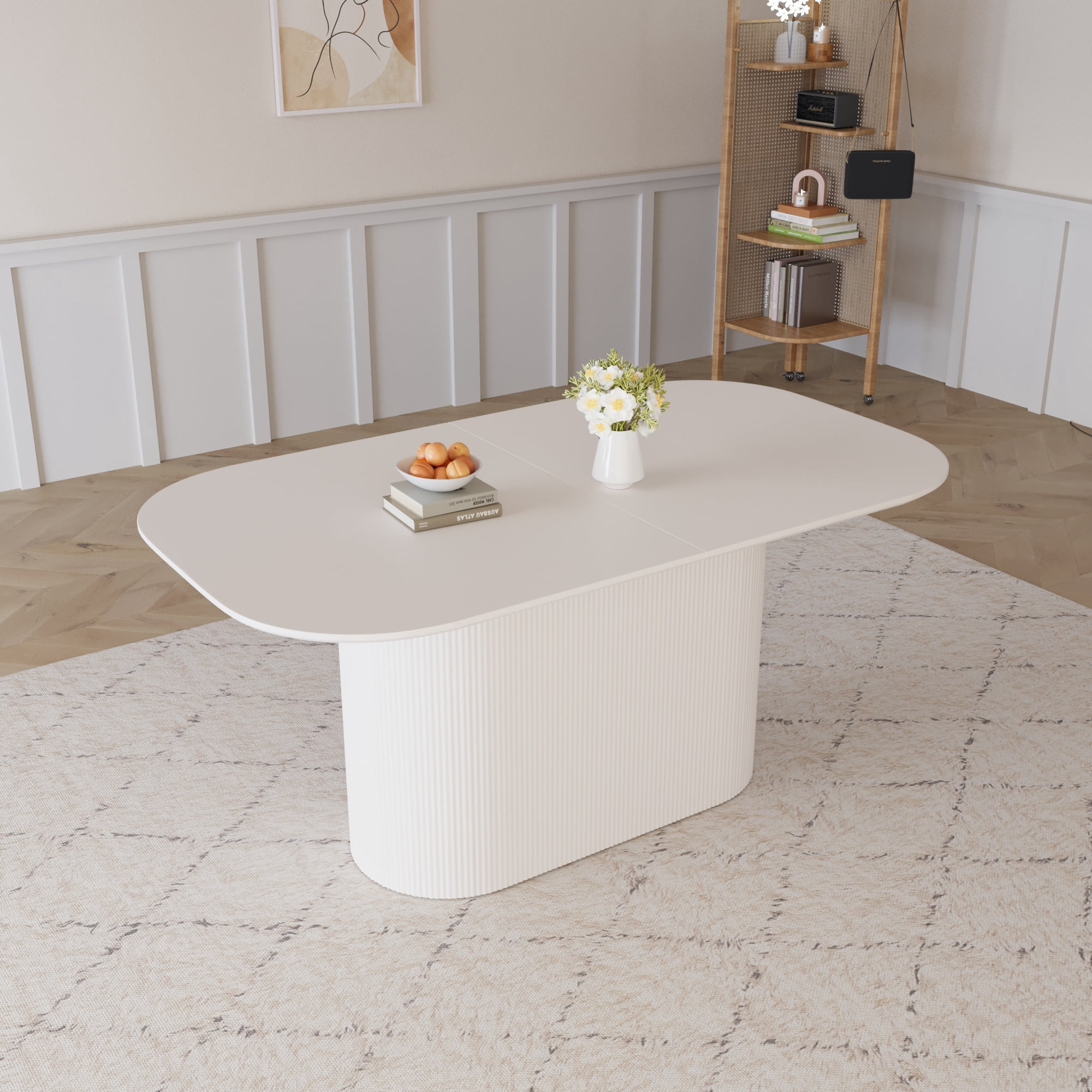 FFZ 63 inch Modern MDF Regular Edge Dining Table Vertical Striped Legs for 4-8 Person Cream Style