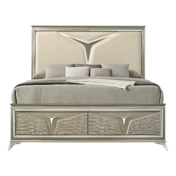 Samantha Modern Style Queen Bed Made with Wood & LED Headboard in Silver