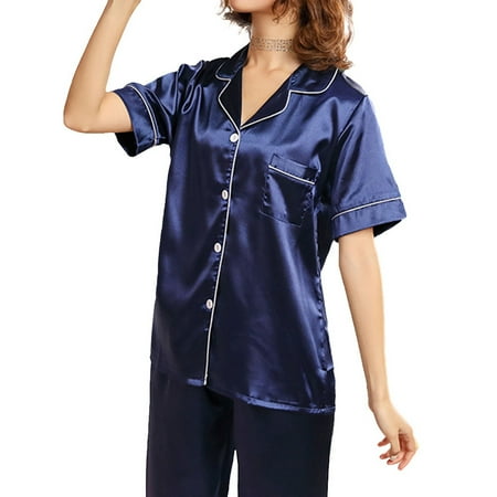 

Gueuusu Women Summer Casual Satin Silk Soft Short Sleeve Pajama Set