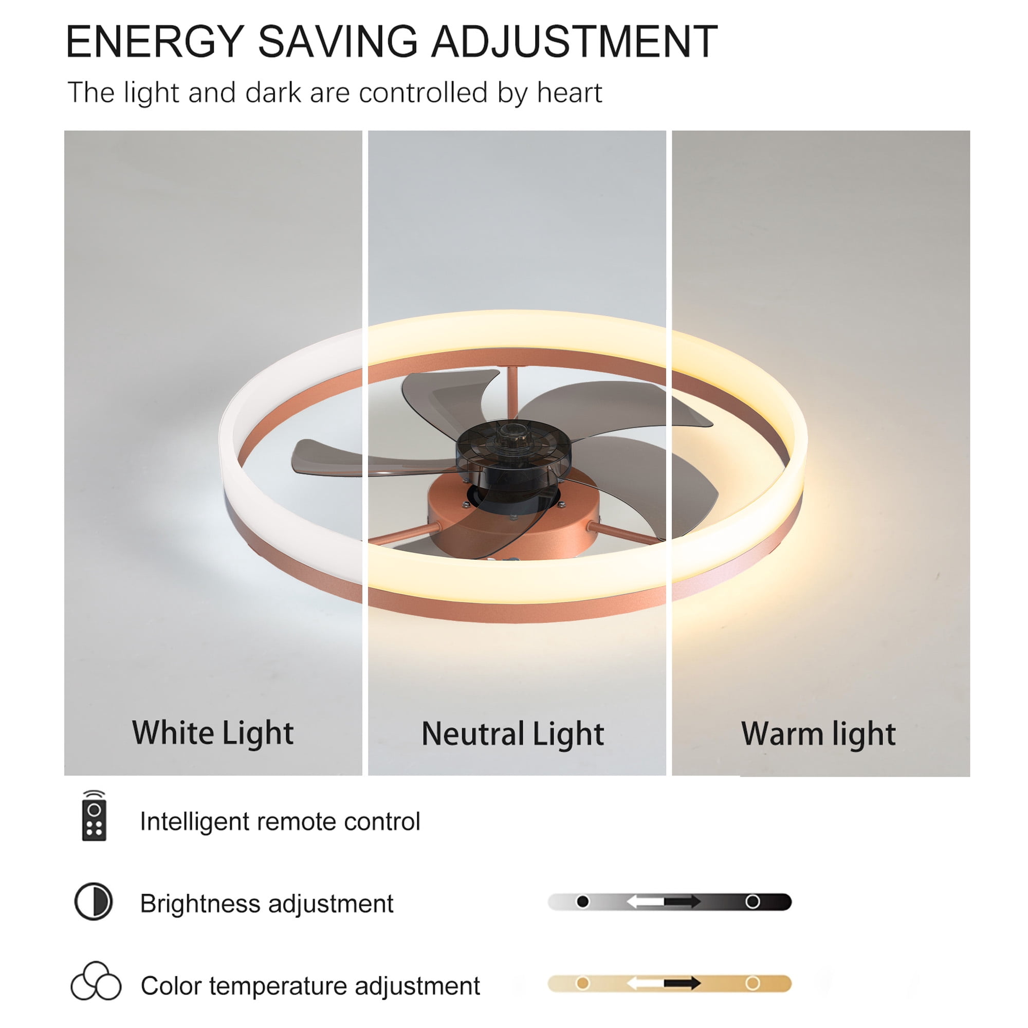 Aukfa 20" Bladeless Ceiling Fan with Light and Remote, Flush Mount Enclosed Design, Dimmable 3 LED Light Colors, Orange