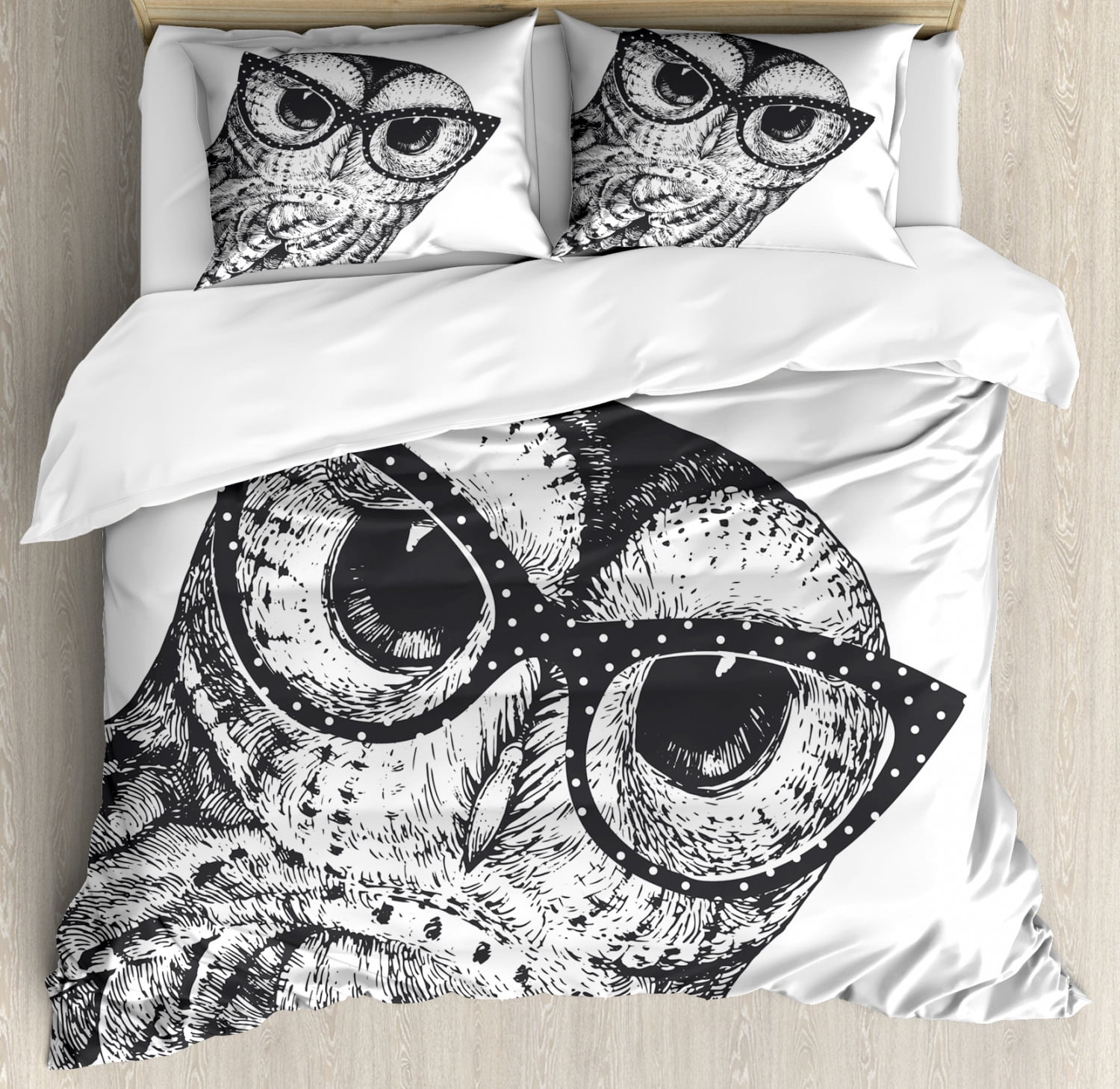 Owl Lover Duvet Cover Set King Size, Bird with Funny Vintage Eyeglasses