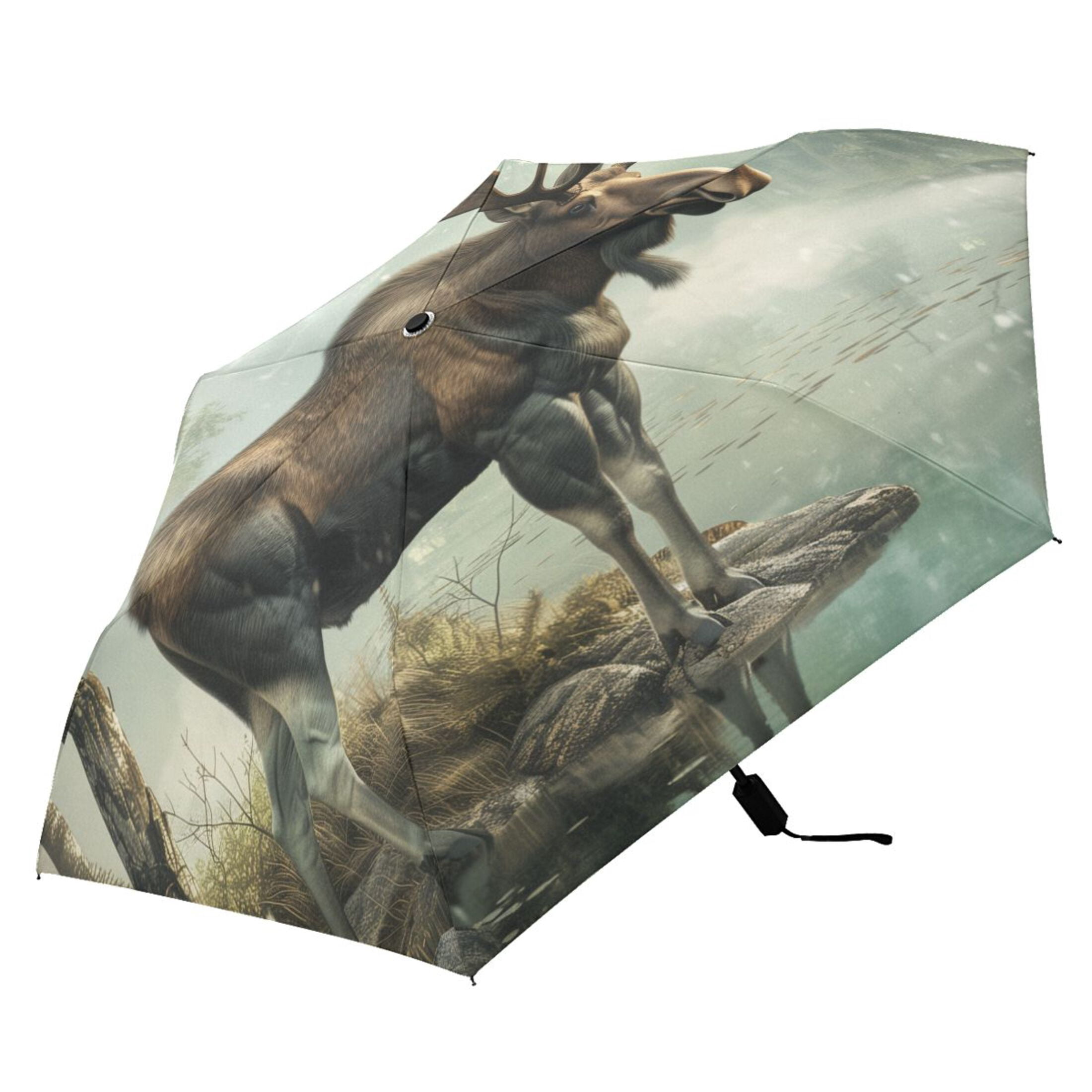 Compact Sun Umbrella Windproof Travel Umbrellas for Rain Strong Portable UV Protection Moose on Misty Lake