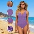 thumbnail image 2 of Antqov One Piece Swimsuit Women, Solid Color V Neck Padded Open Back Conservative Tummy Control Bathing Suit, Summer Vacation Cozy Casual Sports Swimwear, 2 of 9