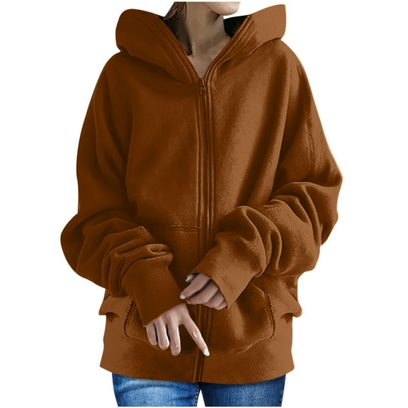 Hfyihgf Womens Oversized Zip Up Hoodie Teen Girl Y2K Jacket Baggy Loose Basic Zipper Hooded Sweatshirt Coat Plus Size Outerwear