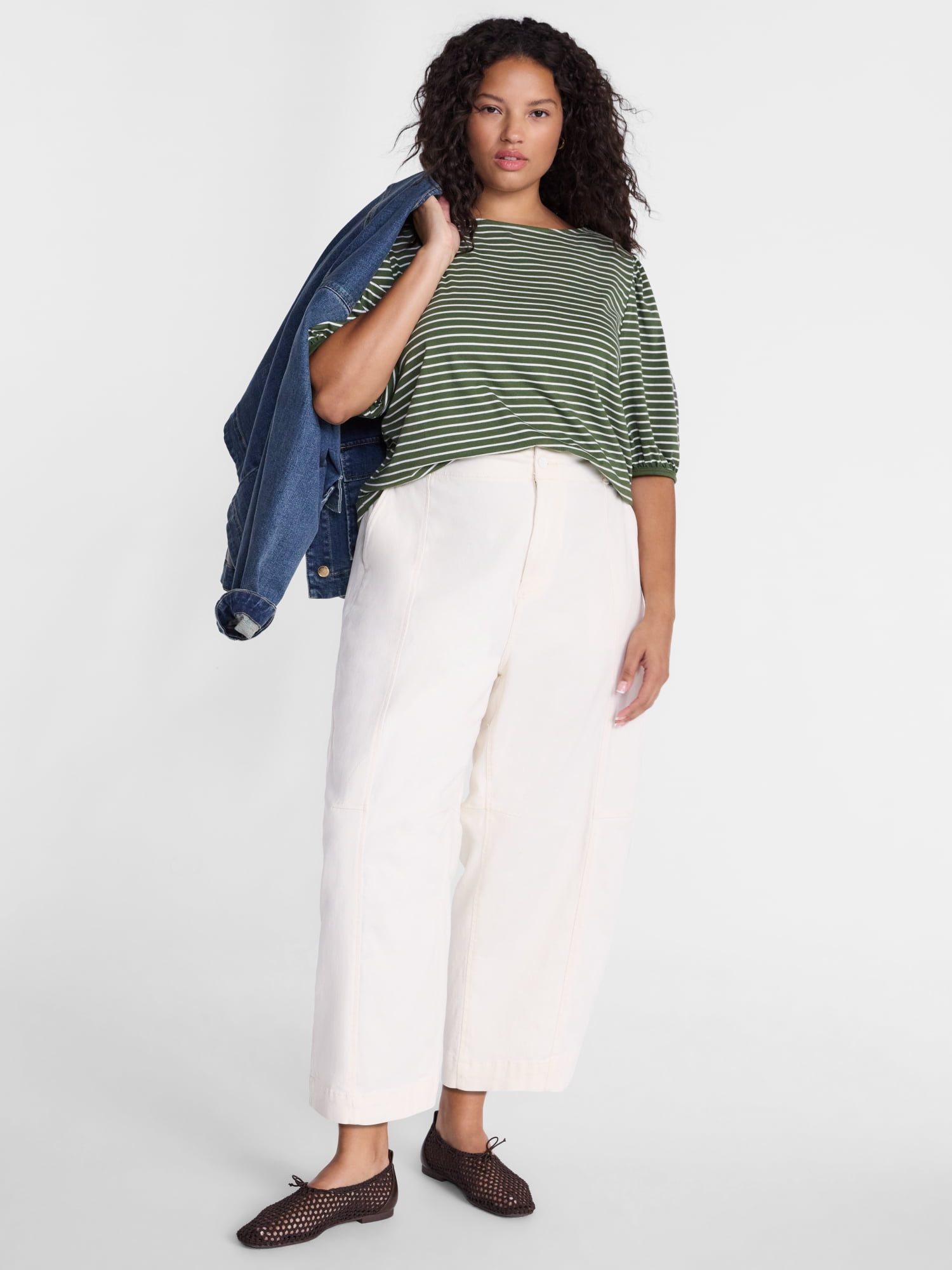 Terra & Sky Women’s Plus Dropped Shoulder Top with Elbow Length Puff Sleeves, Sizes 0X-5X