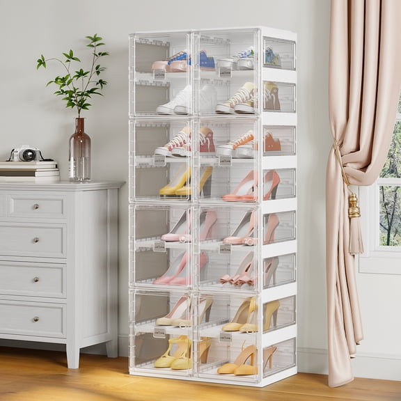 BROVIEW Shoe Boxes Clear Thicken Plastic Display Case, Large Collapsible Shoe Rack,Folding Sneaker Box with Clear Doors for Entryway Closet,8 Tier 16 Pair