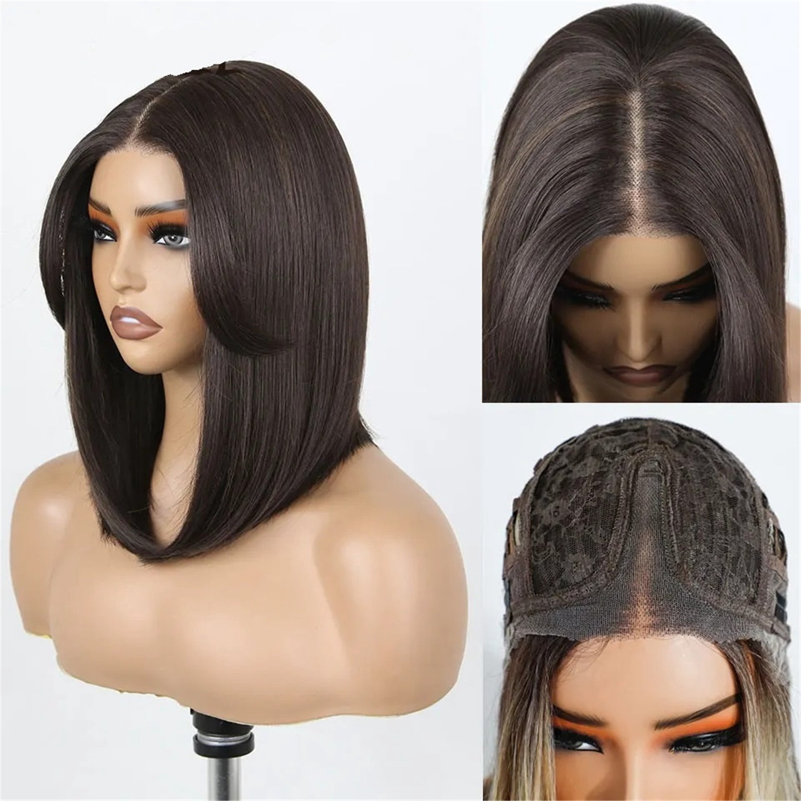 12 Inch Short Bob Synthetic Lace Wigs  with Bangs Pre Plucked Brown Blonde Wig
