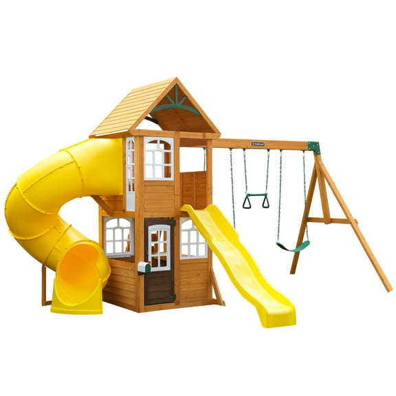 KidKraft Castlewood Wooden Swing Set / Playset with Clubhouse, Mailbox, Slide and Play Kitchen
