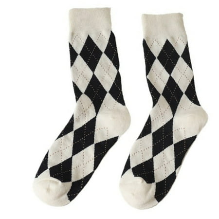 

Women Men Autumn Cotton Crew Socks Japanese College Style Contrast Color Argyle Diamond Plaid Print Harajuku Student Uniform Mid Tube Hosiery