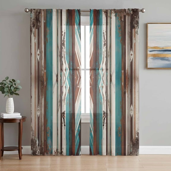 Retro Southwestern Sheer Curtains 96 Inch Length 2 Panels Set, Abstract Boho Rustic Ethnic Tribal Stripe Voile Window Treatment Semi Sheer Long Curtains for Bedroom/Living Room/Kitchen 52"x96"x2
