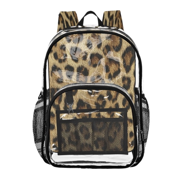 Clear PVC Backpack 12L Transparent Shoulder Bag with Mesh Pockets Natural Leopard Print