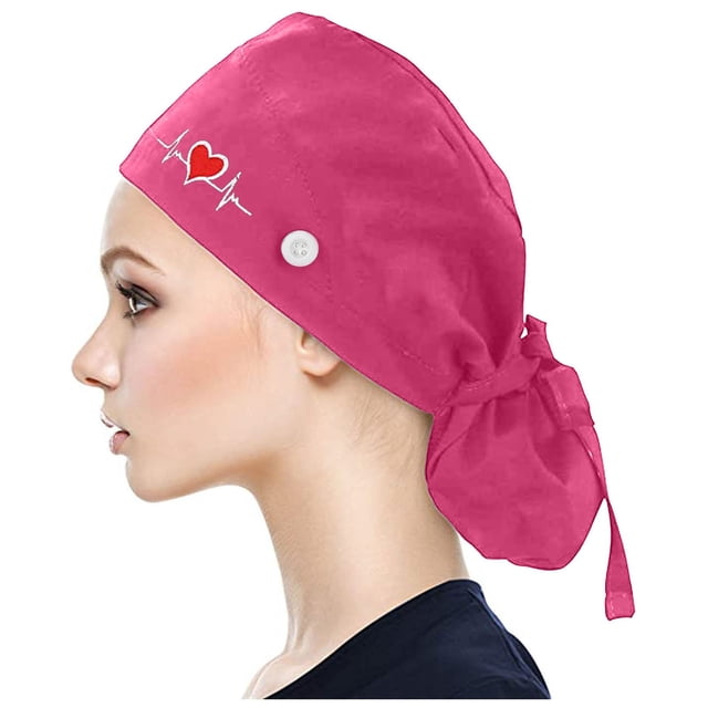 Scrub Cap with Buttons Bouffant print Hat with Sweatband for Womens and Mens