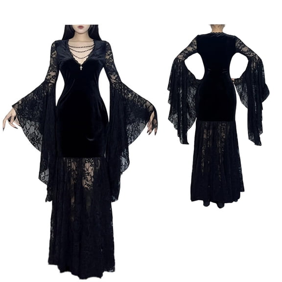 UDAUDU Womens Gothic Bat Sleeve Halloween Costume Lace Patchwork Velvet Goth Vintage Fancy-Dress Costumes Black