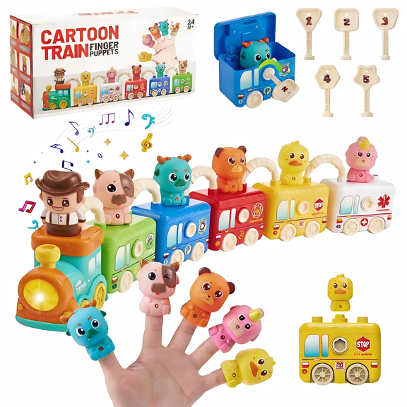 DEGIDEGI Montessori Learning Toys for Toddlers 1-3 Years Old, Interactive Learning Train with Music, Lights & Finger Puppets