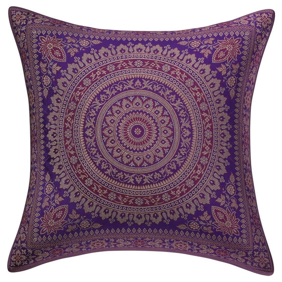 Stylo Culture Indian Brocade Living Room Throw Pillow Sham Cover Purple 16 x 16 Traditional Jacquard Weave Gold Sofa Cushion Cover 40x40 cm Polydupion Silk Mandala Square Pillow Case | 1 Pc