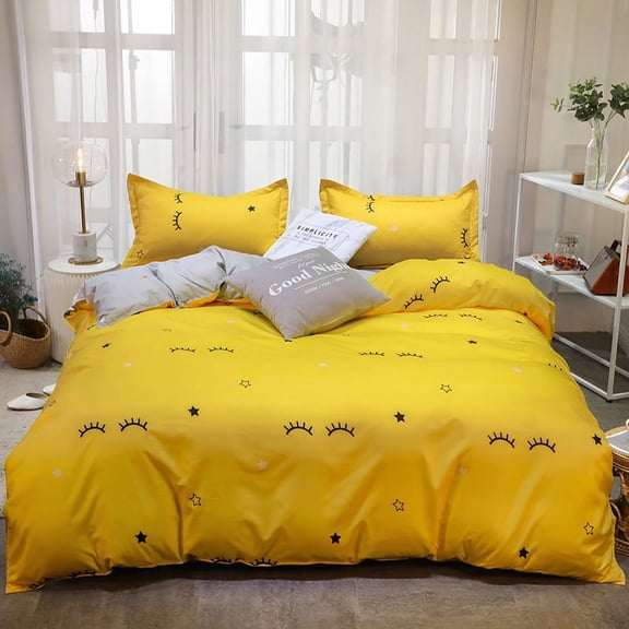 Cute eyelashes Bright Yellow King Size Duvet Cover Set Soft Microfiber Bed Comforter Quilt Covers with Zipper Closure