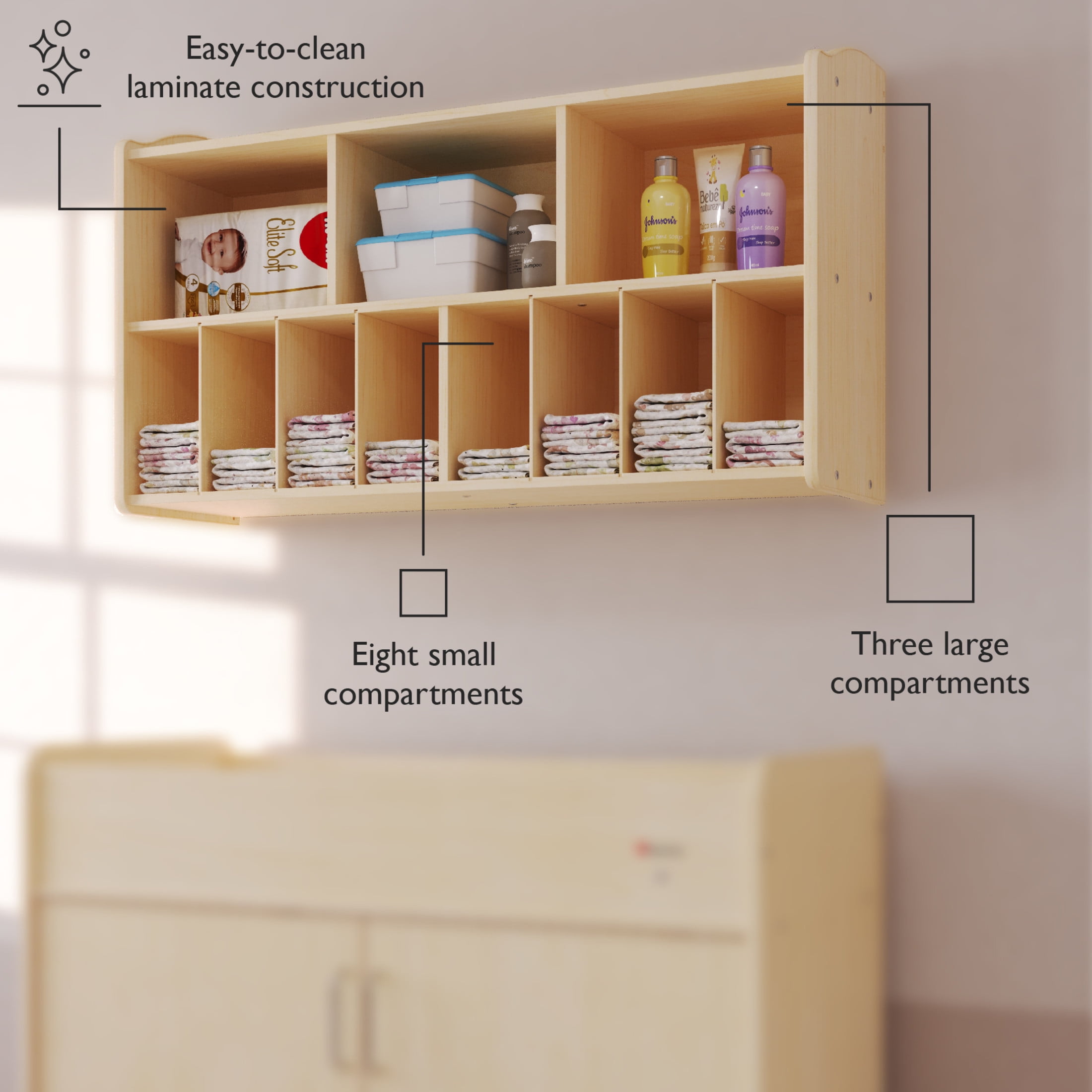 Foundations Wall Mounted Diaper Organizer, 11 Storage Cubbies, Durable Wood, Natural