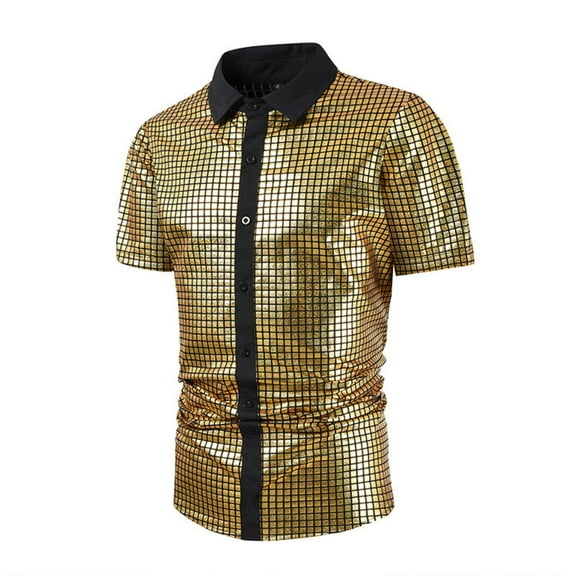 Sparkly Shirts for Men Short Sleeve Button-Down Collared T-Shirts Mens Trendy Shiny Sequins Slim-Fit Nightclub Dance-Party Tees Tops