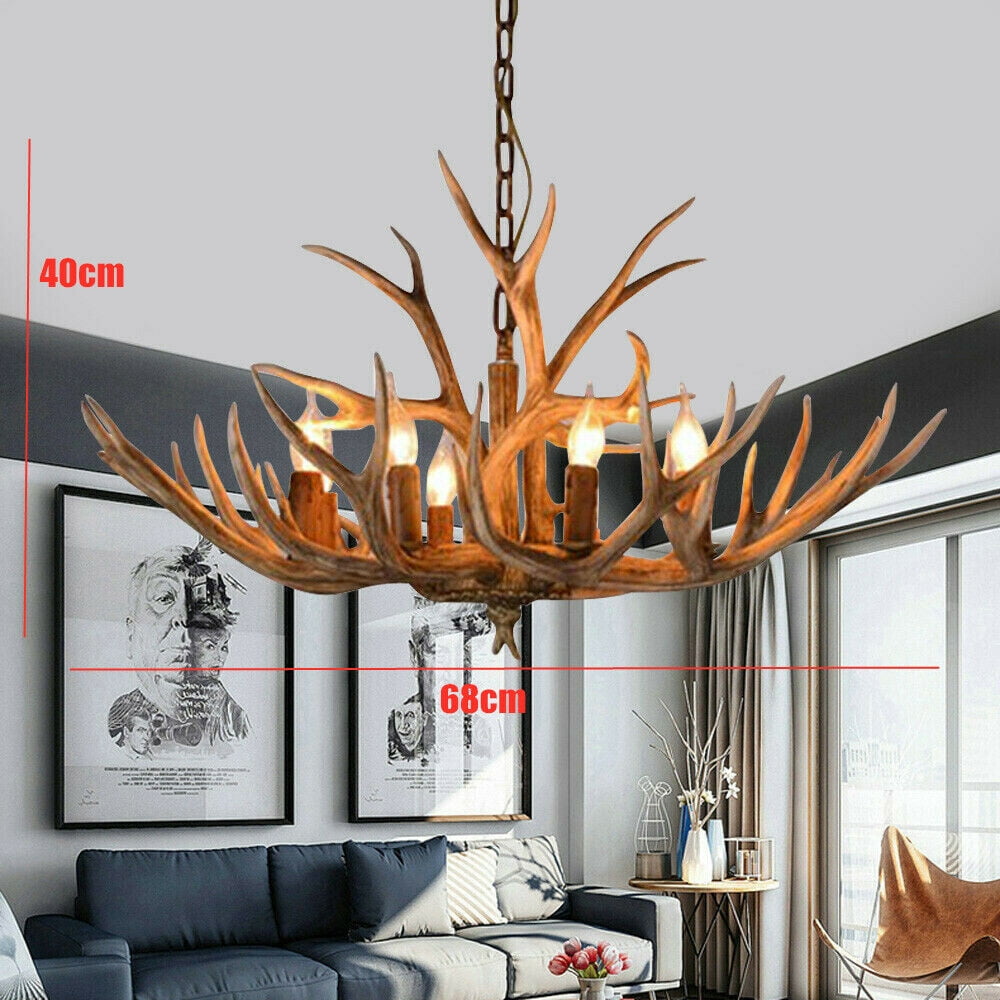DENEST 110 V Vintage Ceiling Light 6-Heads Deer Antler Chandelier Resin Lamp Home Lighting Fixture