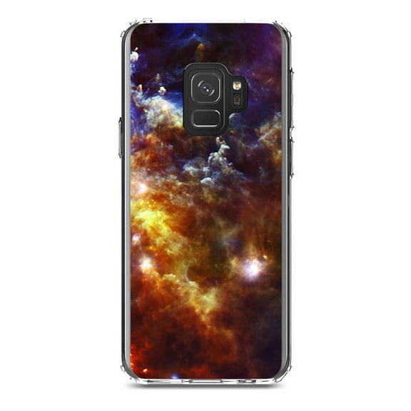 DistinctInk Clear Shockproof Hybrid Case for Samsung Galaxy S9 (5.8" Screen) - TPU Bumper, Acrylic Back, Tempered Glass Screen Protector - Red Yellow Blue Rosette Nebula - Astronomy