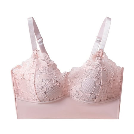 

HTNBO Plus Size Wireless Bra for Women Breathable Wirefree Comfort Lace Underwear Front Closure Pink L