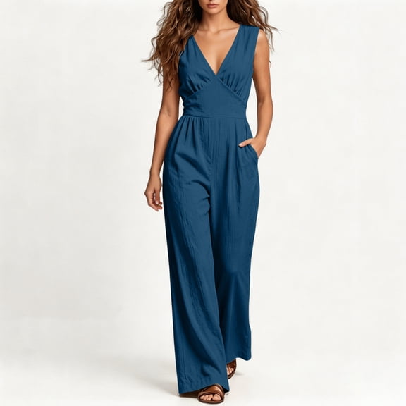 Jumpsuits for Women Cotton Sleeveless V Neck High Waist Slimming Jumpsuit Casual Fashionable Solid Color Loose Wide Leg Romper Jumpsuit with Pocket