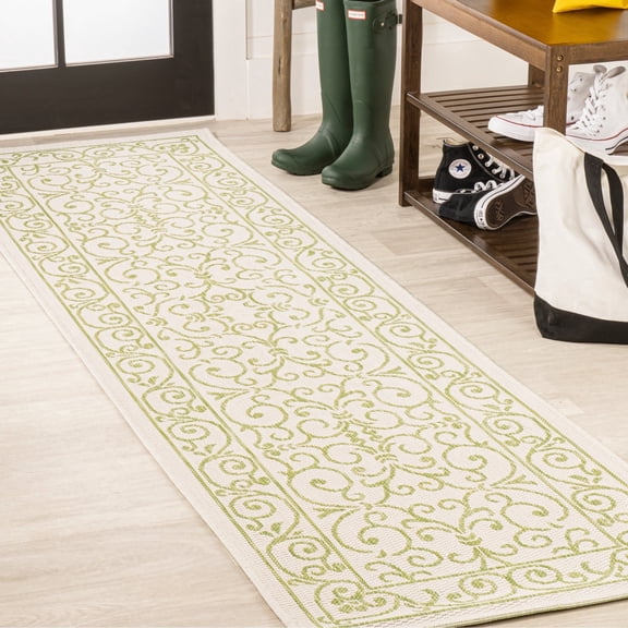 JONATHAN Y SANTA MONICA 2 x 8 Runner Rug, Charleston Vintage Filigree Textured Weave - Cream/Green, SMB106I-28