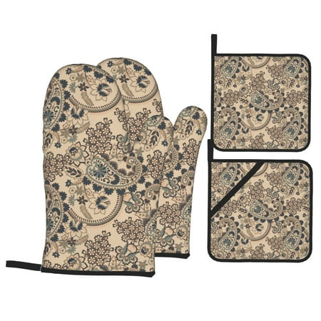 

Oven Mitts and Pot Holders 4 pcs Set Vintage Floral Paisley Heat Resistant Pot Holders Oven Mitts for kitchen Non-Slip Hanging Loop Oven Glove Potholders for Baking Cooking