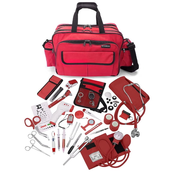 ASA TECHMED Sac de Voyage Durable pour Infirmière avec Fournitures de Soins, Multi-Poches en Nylon Robuste, Bandoulière Réglable (Rouge)