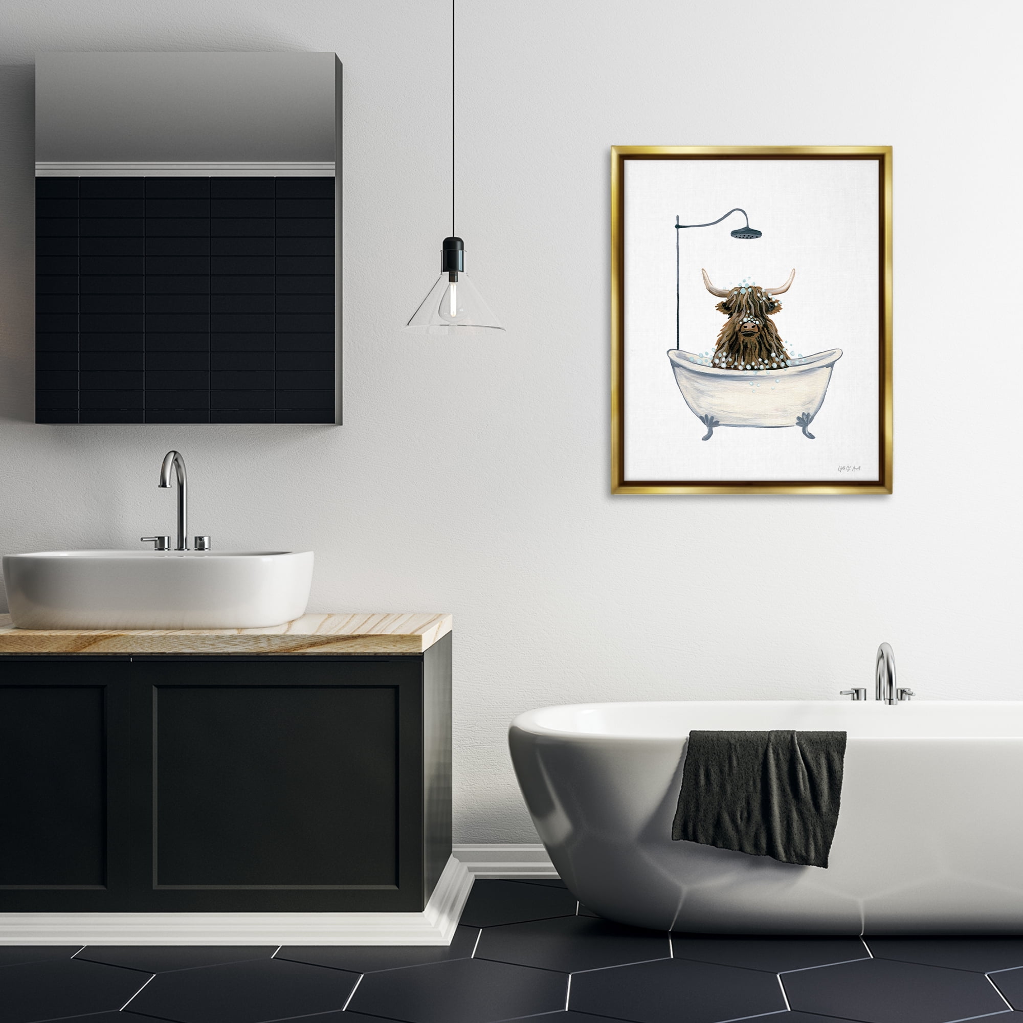 Stupell Industries Highland Cow Bathtub Typography Painting Gold Floater Framed Canvas Art Print Wall Art, 25 x 31