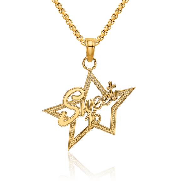 14K Solid Yellow Gold Sweet 16 Years Old Birthday Necklace Chain Pendant Charm