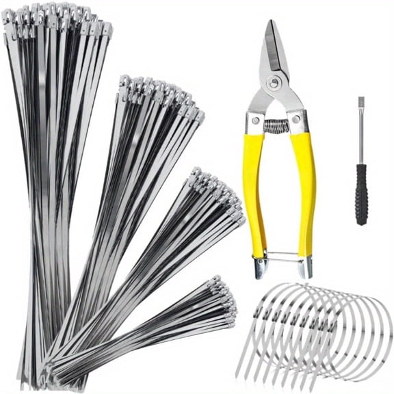 152pcs Heavy Duty Metal Zip Ties (With Tie Cutter) 4 Size Of 11.8 Inch 9.8 Inch 7.8 Inch 6Inch Multi-purpose Cable Ties, Suitable For Fixing Fences, Pipes, Etc. Outdoor.