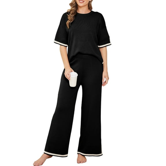 Wytyjxccyy Womens Knit 2 Piece Sweater Sets Short Sleeve Pullover Tops Elastic Waist Wide Leg Pants Lounge Set