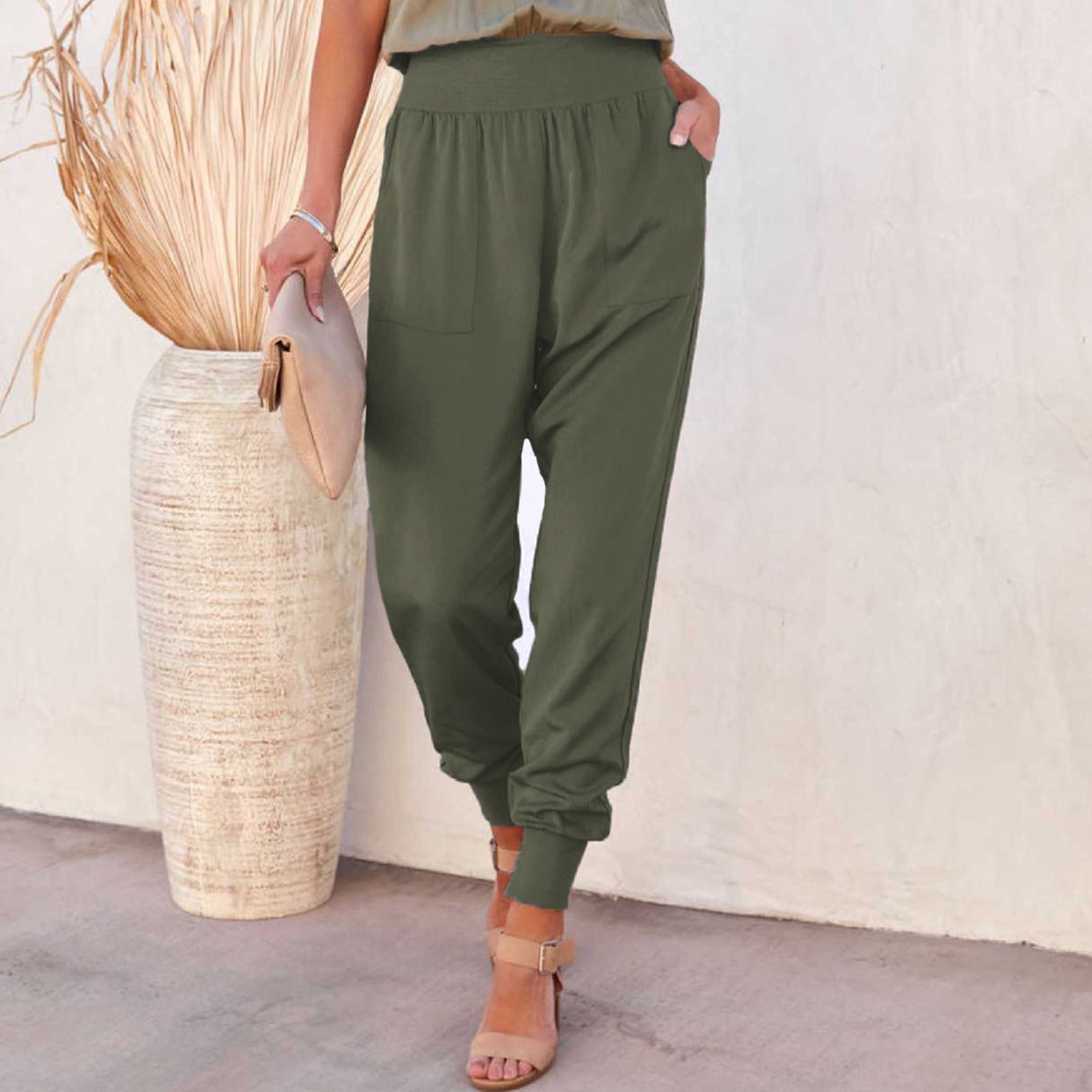 HUPOM Women'S Athletic Pants Cargo Pants Chinos Mid Waist Rise Long  Straight-Leg Army Green L