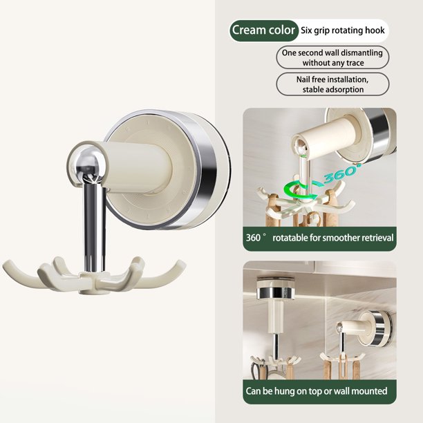 Organizador de Ganchos Giratorios con Ventosa | Soporte de Cocina Multifuncional Montado en Pared con 6 Garras | Soporte para Espátulas y Cucharas Sin Taladro | Almacenamiento Reutilizable que