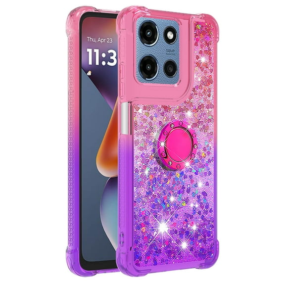 Phone Case for MOTO G 5G 2025 Case with Ring Kickstand, Cute Glitter Bling Sparkle Quicksand Flowing Liquid Clear Gel Silicone ShockProof Cover for MOTO G 5G 2025 Girls-B2