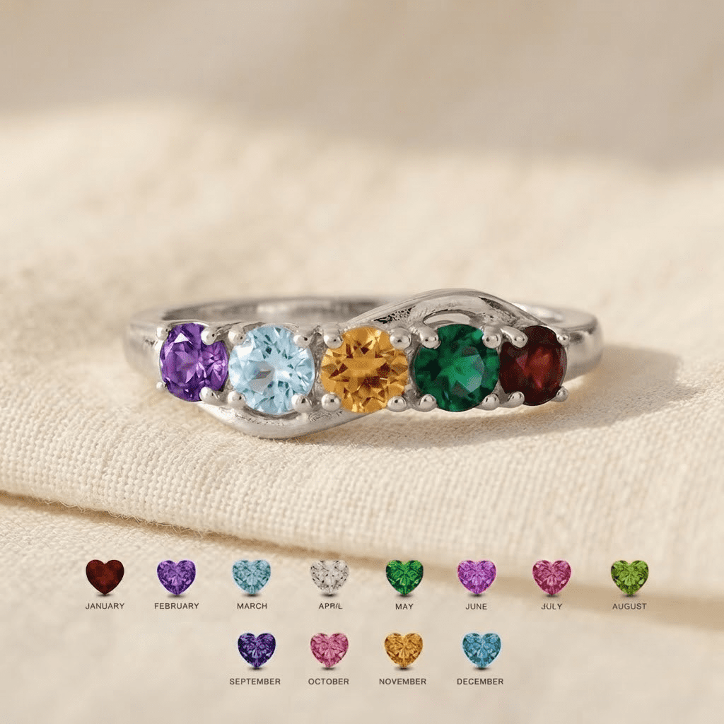 Personalized Birthstone Ring with 3-5 Stones | Wave Band Family Birthstone Ring for Mother Daughter Jewelry | Thoughtful Family Keepsake