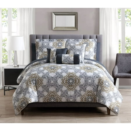 10 Piece Olena Gray/Gold/White Comforter Set w/Sheets