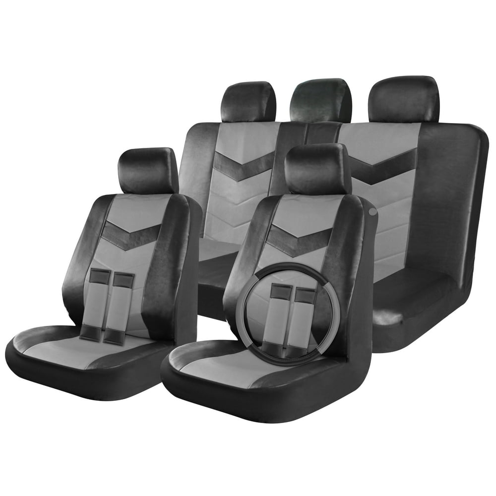 Cover Trend ™ 17pc Faux Leather Car Seat Covers Full Set Black