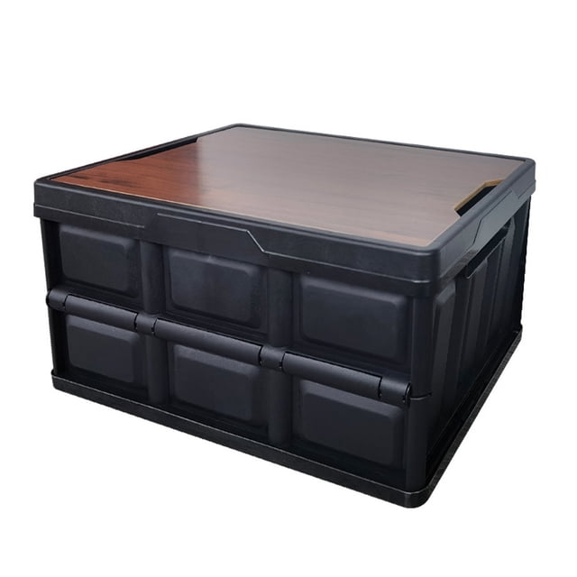 56L Foldable Camping Storage Box Foldable Plastic Storage Box with Wooden Lid, Suitable for Outdoor Picnics