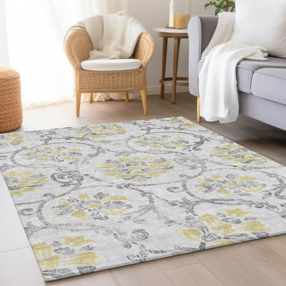 Addison Rugs Chantille Indoor/Outdoor Traditional Floral Silver Washable Rectangle Rug, 8' x 10'