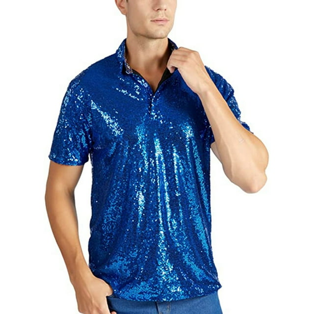 toraway Chemise Homme Veste Homme Manches Courtes Décontractée Col Rabattu Paillettes Sequins Chemises 70s Disco Boîte de Nuit T-Shirts S