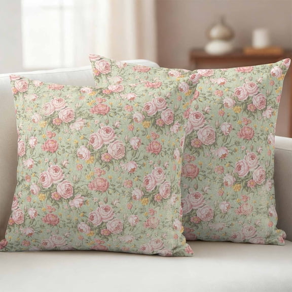 Pack of 2 Outdoor Pillow Covers 24x24 Inch Waterproof Pink Flowers Throw Pillow Covers,Decorative Couch Pillow Shams Protectors Green Country Botanical Floral Leaves Patio Pillowcases Cushion Covers