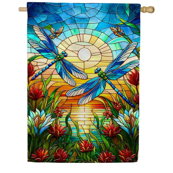 America Forever Stained Glass Dragonfly House Flag, 28 x 40 inch Double Sided, Dragonlfies Spring Summer Floral Flower Decorative Seasonal Outdoor Decor, Holiday Outside Decorations Yard Flag