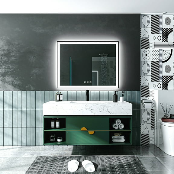 Waterpar 60 in. W x 30 in. H Rectangular Framed LED Anti-Fog Wall Bathroom Vanity Mirror in Black with Backlit and Front Light