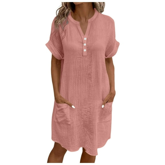 Efsteb Womens Dress Casual Button Cotton Dresses with Pocket Spring V-Neck Short Sleeve Loose Fit Solid Color Resort Dress ,Size:XL