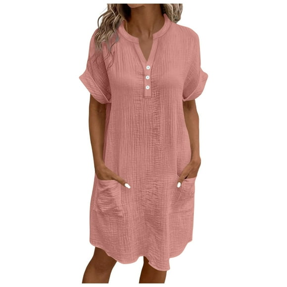 Pink for Ladies Summer Fall Short Sleeve Vneck Midi Knee High Plain Dresses Womens Button 2025 Clothing Y2K XL